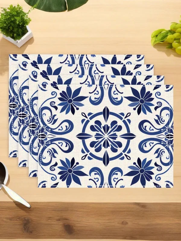 4 sets de  table géométriques bleu et blanc céramique