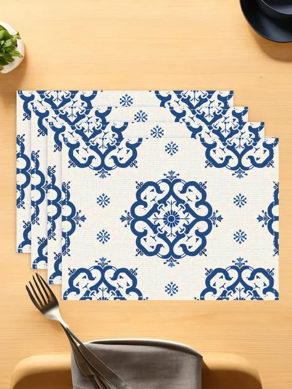 4 sets de  table géométriques bleu et blanc céramique