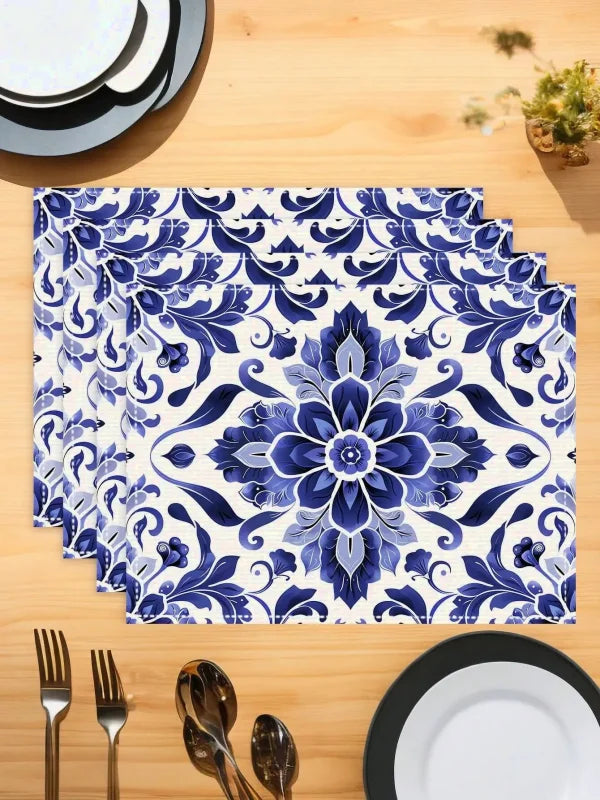 4 sets de  table géométriques bleu et blanc céramique