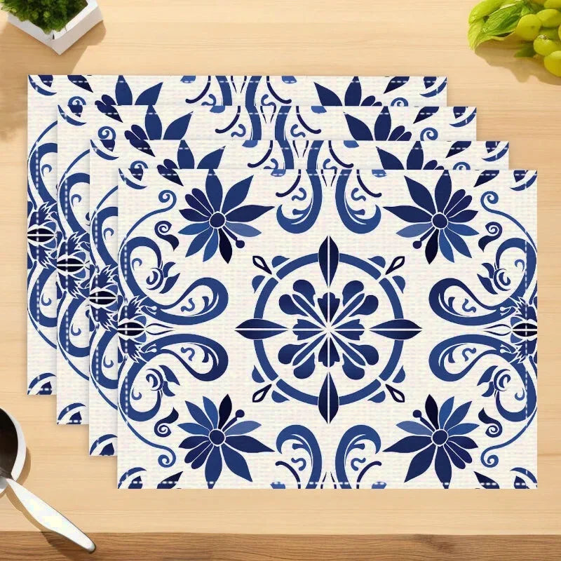 4 sets de  table géométriques bleu et blanc céramique