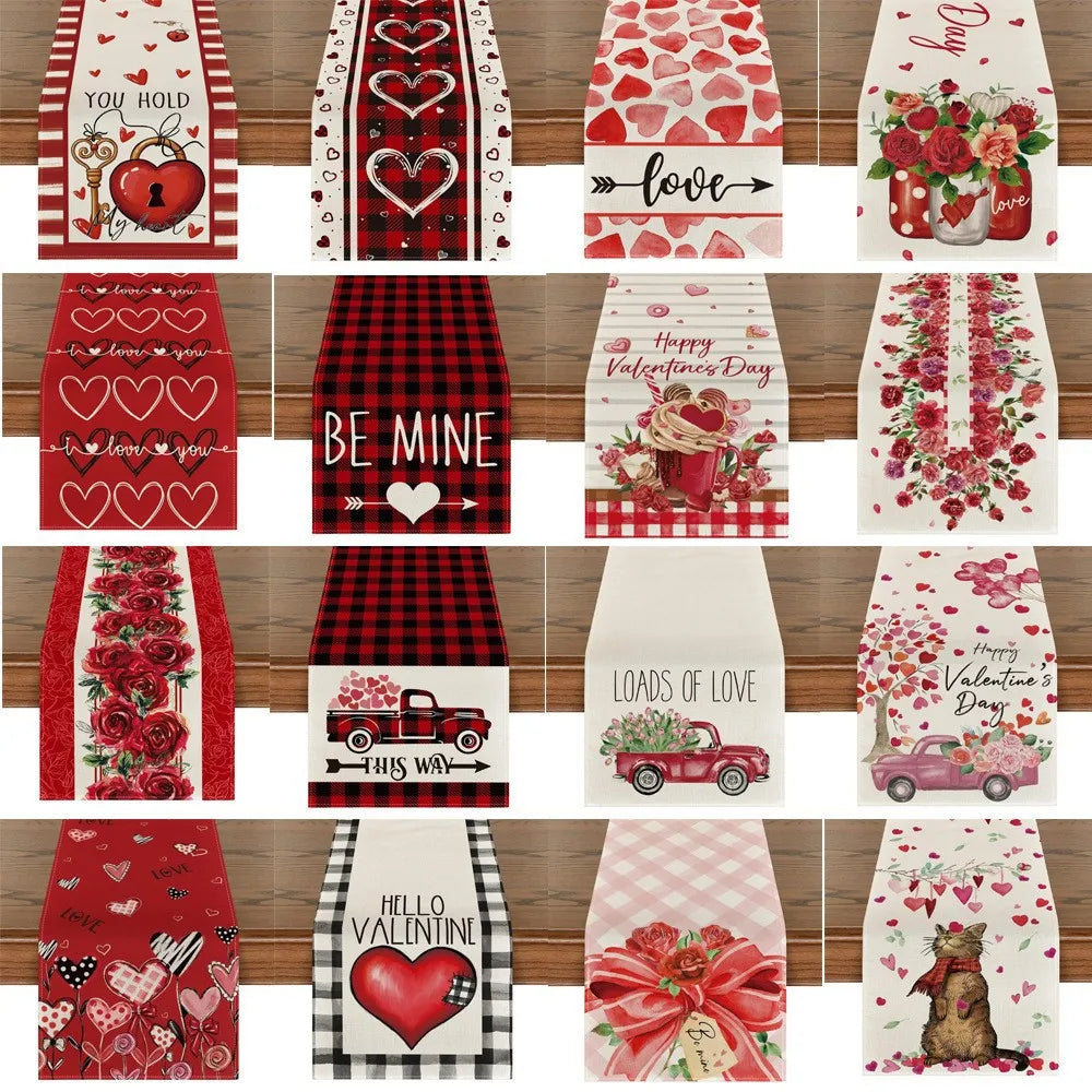 Chemin de Table Saint-Valentin en Lin Eucalyptus &amp; Cœurs d’Amour