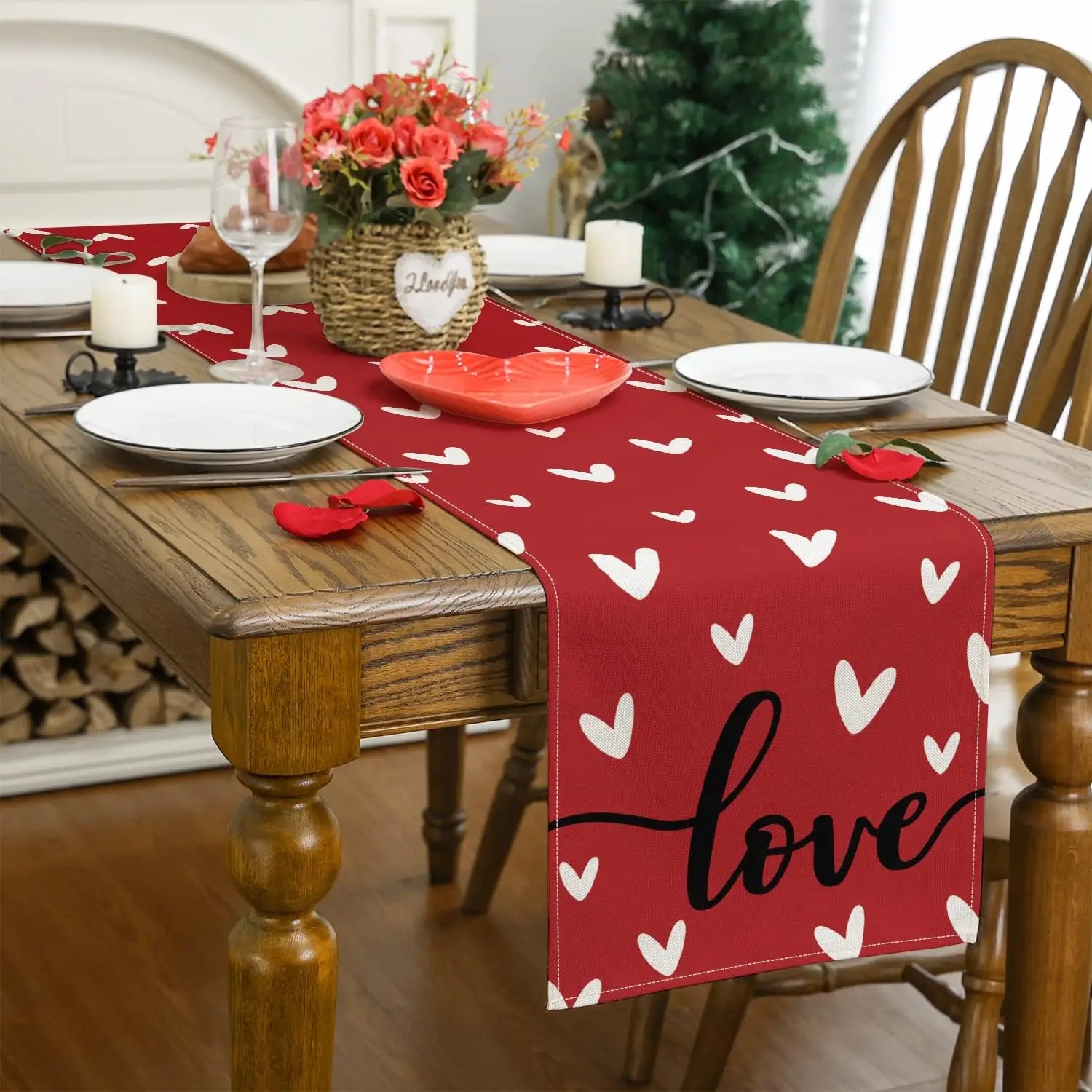 Chemin de Table Saint-Valentin en Lin Eucalyptus &amp; Cœurs d’Amour1
