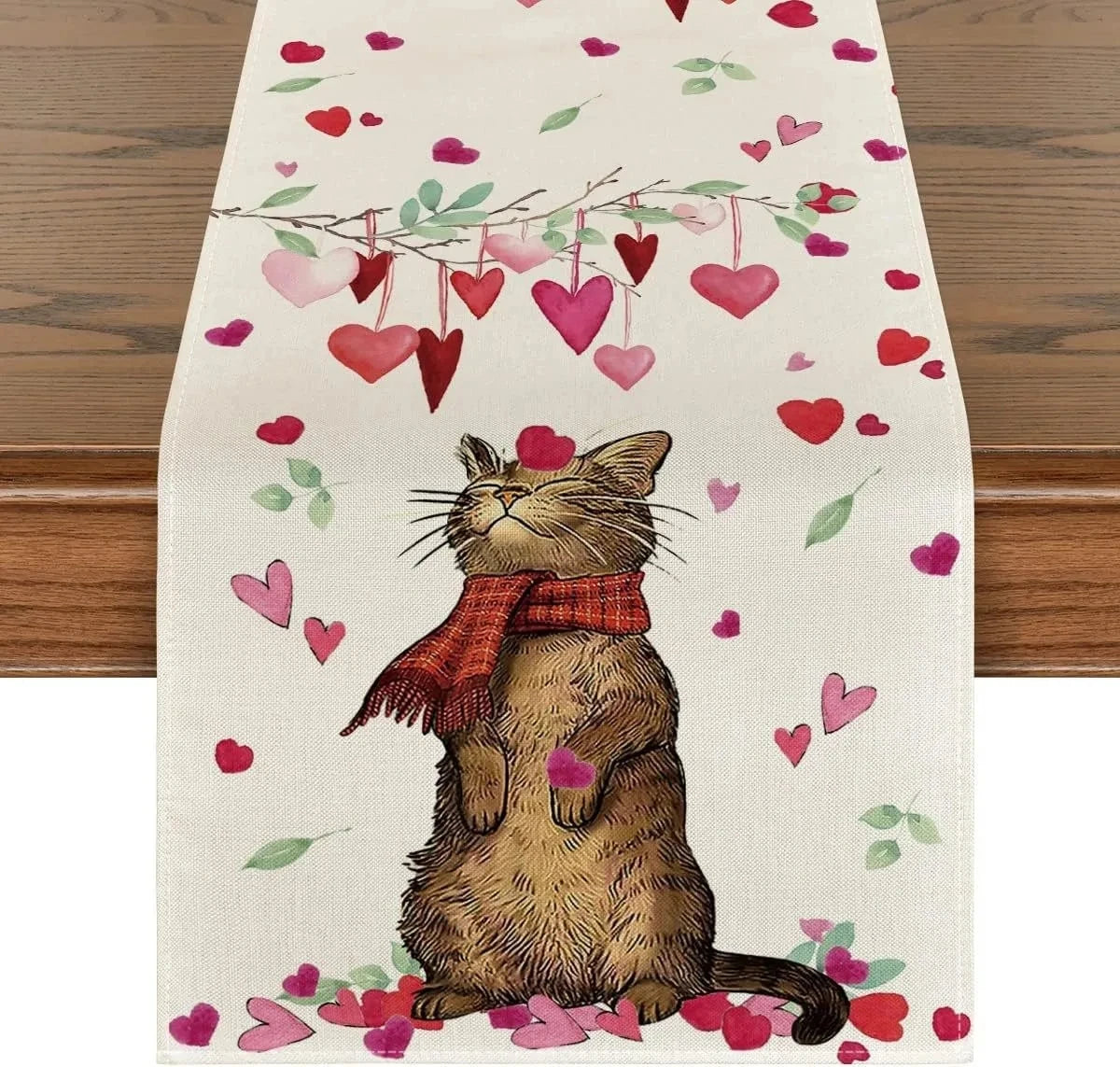 Chemin de Table Saint-Valentin en Lin Eucalyptus &amp; Cœurs d’Amourchat