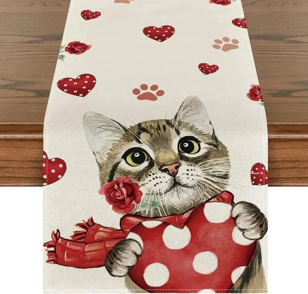 Chemin de Table Saint-Valentin en Lin Eucalyptus &amp; Cœurs d’Amour chat