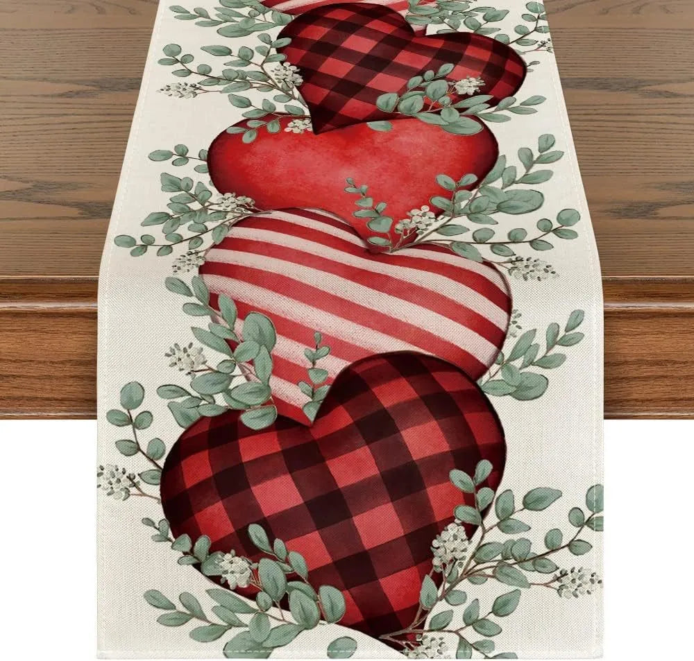 Chemin de Table Saint-Valentin en Lin Eucalyptus &amp; Cœurs d’Amour rayes