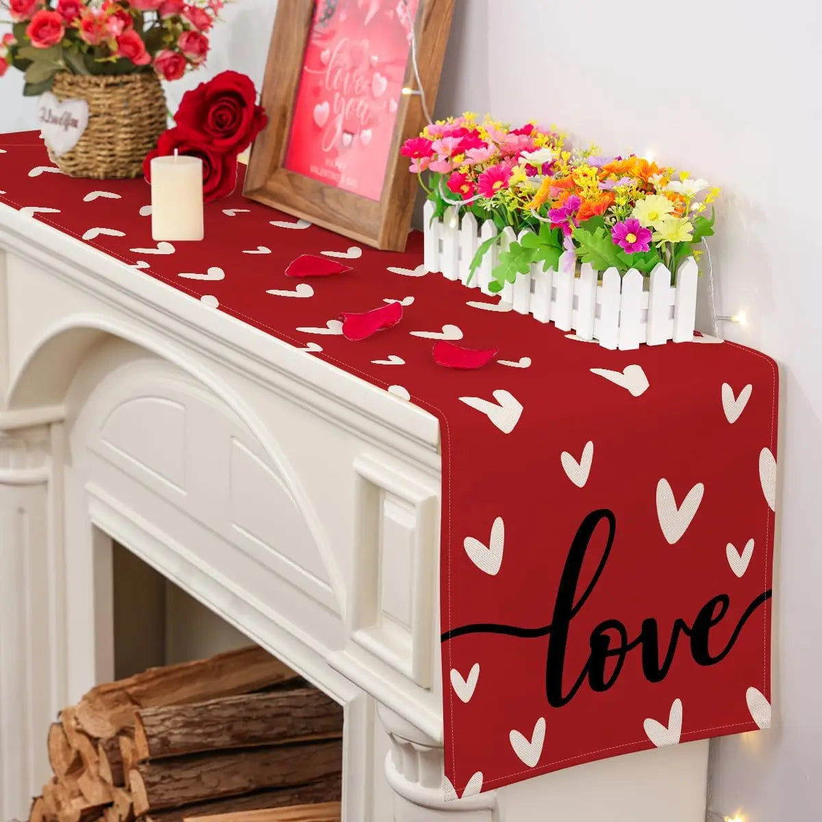 Chemin de Table Saint-Valentin en Lin Eucalyptus &amp; Cœurs d’Amour commode