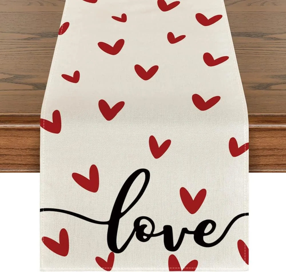 Chemin de Table Saint-Valentin en Lin Eucalyptus &amp; Cœurs d’Amourlove