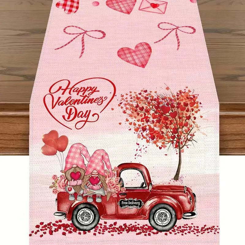 Chemin de Table Saint-Valentin en Lin Eucalyptus &amp; Cœurs d’Amour lutin voiture
