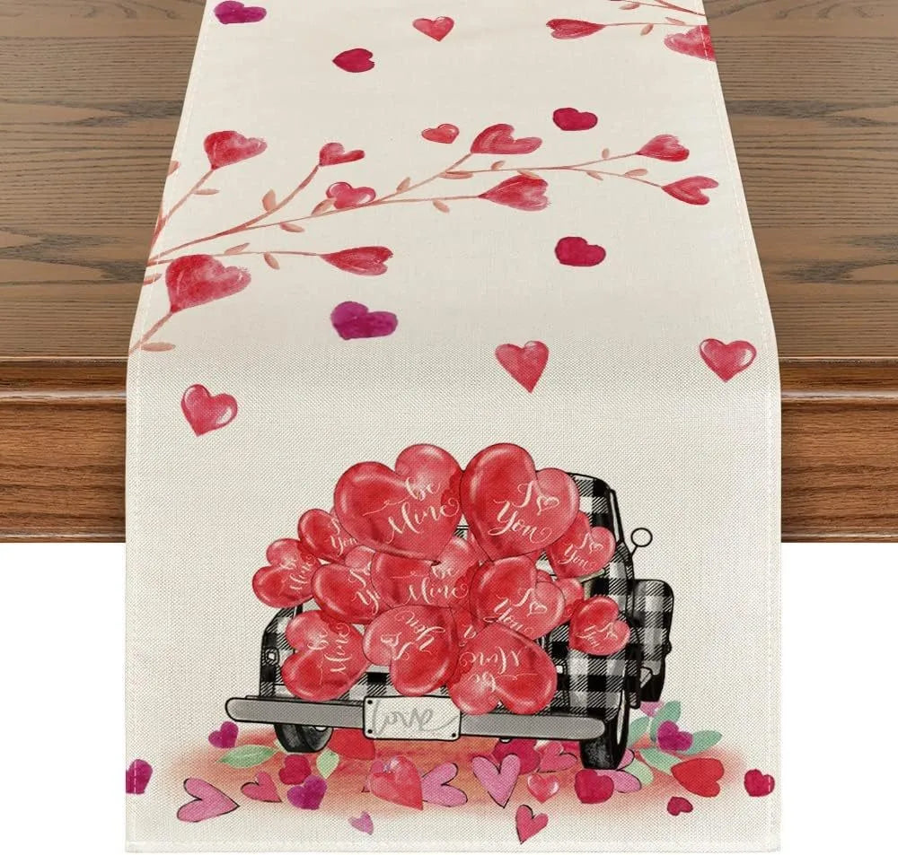 Chemin de Table Saint-Valentin en Lin Eucalyptus &amp; Cœurs d’Amour voiture coeur