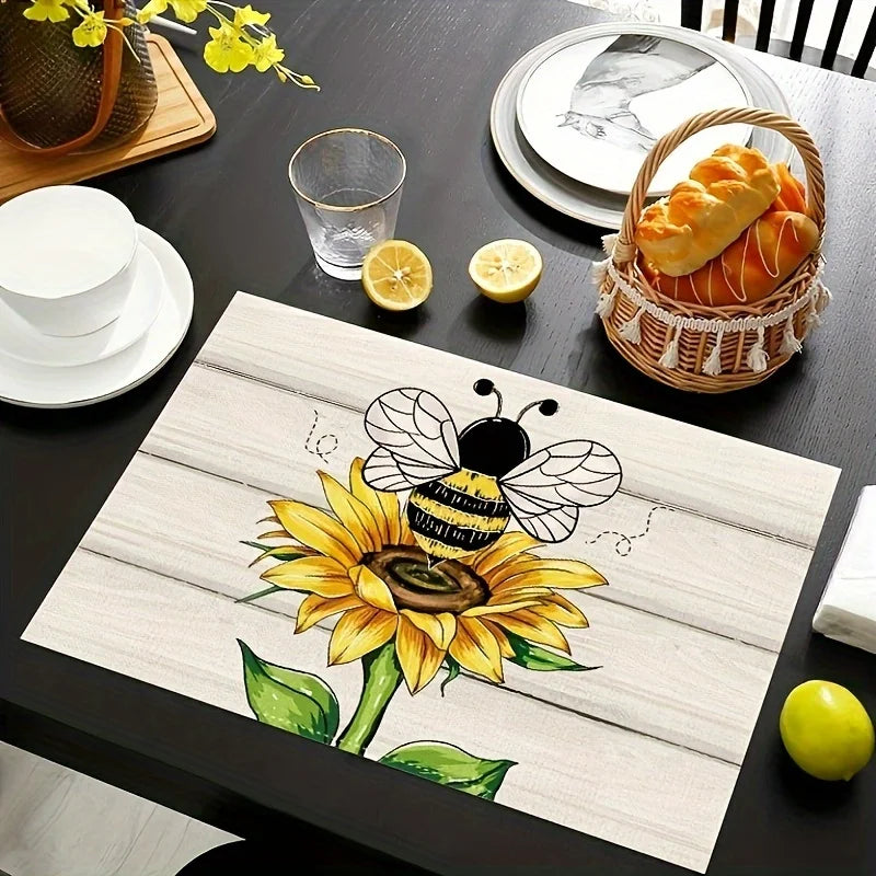 Set de Table en Lin Motif Floral Printanier Aquarelle abeille