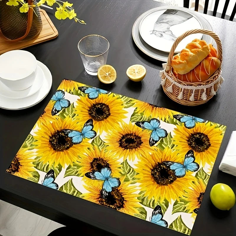 Set de Table en Lin Motif Floral Printanier Aquarelle tournesol