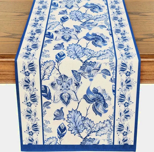 chemin de table bleu floral réutilisable