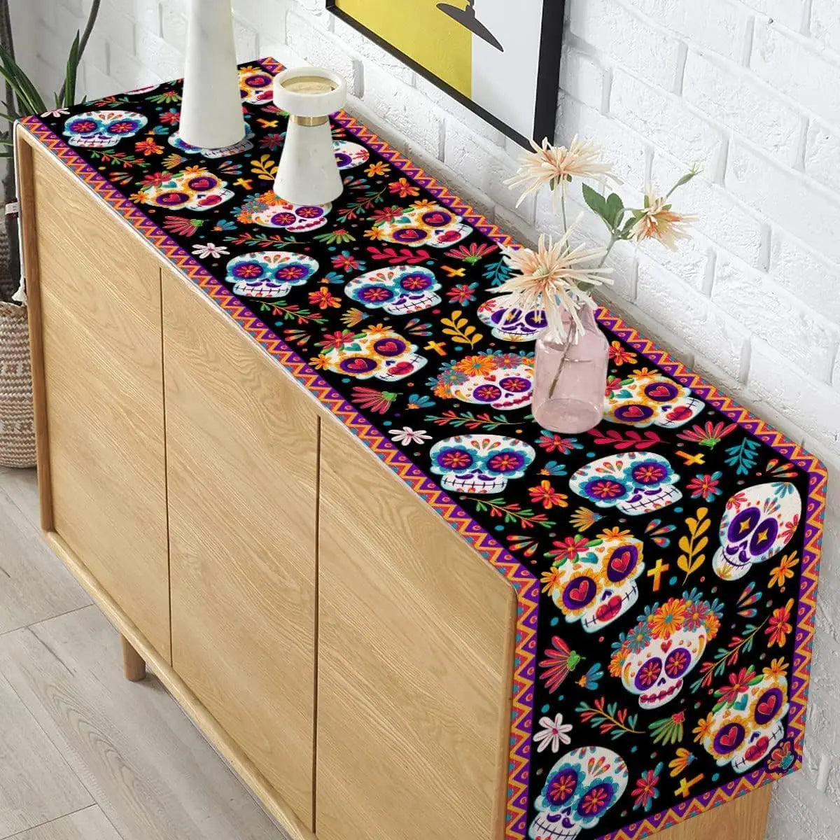 chemin de table mexicain motif tête de mort commode