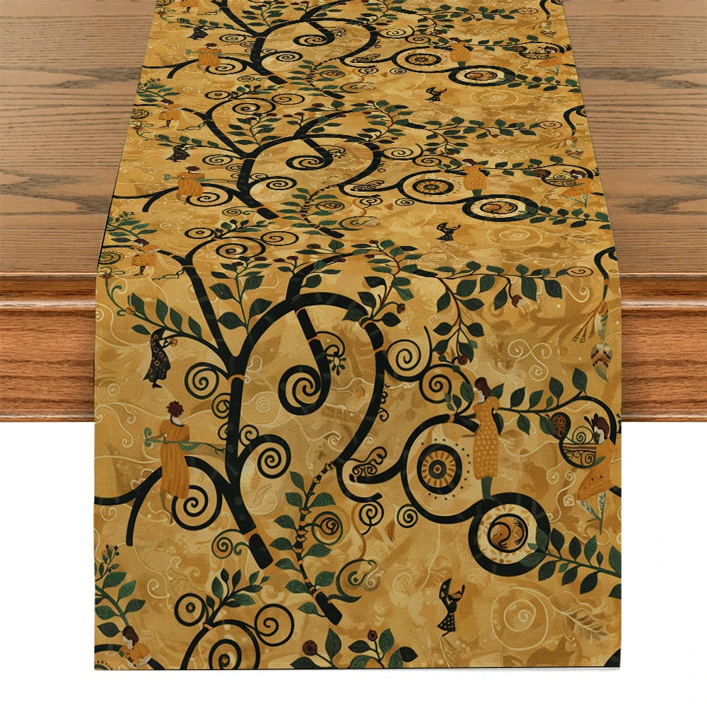 chemin de table rétro doré et  noir jaune plantes